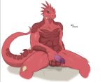  2020 anthro balls bodily_fluids brown_body brown_scales chin_spikes claws divinity:_original_sin_2 english_text facial_spikes fingers genital_fluids genitals glans hand_on_penis lizard_(divinity) looking_at_viewer male nude penis pink_penis precum precum_string red_body red_glans red_scales reptile scales scalie shadow signature simple_background solo spikes spikes_(anatomy) teeth text the_red_prince white_background yellow_eyes zerofox1000 