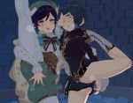  2boys 2equal8 anal_fingering anal_fluid bangs black_hair blue_eyes blue_hair blush bulge cape covered_eyes erection erection_under_clothes fingering genshin_impact hat highres holding leg_lift leg_up legs legs_up long_hair looking_at_viewer male_focus multiple_boys open_mouth otoko_no_ko penis precum short_hair simple_background smile standing standing_on_one_leg steam sweat testicles thighhighs tongue tongue_out venti_(genshin_impact) xingqiu_(genshin_impact) 