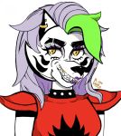  2020 animatronic anthro black_markings canid canine canis collar ear_piercing eyebrows eyelashes eyeshadow five_nights_at_freddy&#039;s five_nights_at_freddy&#039;s:_security_breach green_hair hair hi_res highlights_(coloring) lipstick machine makeup mammal markings piercing purple_hair robot roxanne_wolf_(fnaf) signature smile spiked_collar spikes teeth video_games wolf xxhelpxx yellow_eyes 