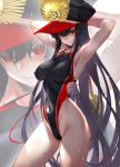  1girl arms_behind_head black_hair collarbone commentary_request competition_swimsuit covered_navel covered_nipples cowboy_shot fate/grand_order fate_(series) hat highleg highleg_swimsuit highres impossible_clothes impossible_swimsuit long_hair looking_at_viewer oda_nobunaga_(fate)_(all) oda_nobunaga_(swimsuit_berserker)_(fate) one-piece_swimsuit peaked_cap red_eyes sanazura_hiroyuki smile solo standing swimsuit zoom_layer 