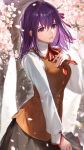  1girl black_skirt brown_vest cherry_blossoms dated fate/stay_night fate_(series) hair_between_eyes hair_ribbon hand_up highres hoojiro long_sleeves looking_at_viewer matou_sakura medium_hair neck_ribbon open_mouth parted_lips pleated_skirt purple_eyes purple_hair red_neckwear red_ribbon ribbon shirt signature skirt smile solo tree vest white_shirt 