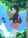  1girl aqua_eyes backpack bag black_choker black_hair black_jacket blush canty! choker cloud commentary_request corviknight day dress earrings eyelashes gen_8_pokemon highres holding holding_pokemon jacket jewelry long_sleeves marnie_(pokemon) morpeko morpeko_(full) outdoors pink_dress pokemon pokemon_(creature) pokemon_(game) pokemon_swsh silhouette sky tree 