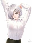  1girl arm_up artist_logo black_skirt breasts closed_mouth collared_shirt commentary dress_shirt eyebrows_visible_through_hair eyelashes eyes_visible_through_hair highres infinote lips long_sleeves looking_at_viewer medium_breasts original sashou_mihiro shirt short_hair signature silver_eyes silver_hair simple_background skirt solo stretch upper_body white_background white_shirt 