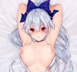  1girl armpits arms_behind_head arms_up bangs blue_bow blue_swimsuit bow breasts center_opening choker dakimakura fate/grand_order fate_(series) hair_between_eyes hair_bow large_breasts long_hair looking_at_viewer nipples obiwan one-piece_swimsuit parted_lips ponytail red_eyes silver_hair swimsuit tomoe_gozen_(fate/grand_order) tomoe_gozen_(swimsuit_saber)_(fate) white_swimsuit 