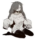  1girl ddari greyscale hair_over_one_eye highres long_hair long_sleeves looking_at_viewer monochrome no_shoes one_eye_covered original simple_background sitting sleeves_past_fingers sleeves_past_wrists solo thighhighs wariza white_background 