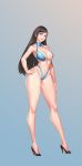  1girl absurdres bangs bare_shoulders bikini black_footwear black_hair blue_bikini blue_eyes breasts center_opening cleavage closed_mouth collarbone commentary_request dark_night_(darkotl) full_body gradient gradient_background halterneck hand_on_hip head_tilt high_heels highleg highleg_bikini highres legs lips long_hair long_legs looking_at_viewer medium_breasts navel original pumps shiny shiny_clothes shiny_hair shiny_skin simple_background smile standing stomach swimsuit thighs 