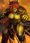  anthro armor breasts brown_body brown_fur claws clothed clothing detailed_background fangs felid female fur hair hi_res link2004 lion mammal open_mouth pantherine partially_clothed red_hair sekhmet_(link2004) solo yellow_eyes 
