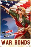  1girl america american_flag andava aviator_sunglasses bald_eagle bird blonde_hair breasts brown_gloves cleavage column_(comic) dog_tags eagle english_text flag gloves high_collar highres large_breasts lips long_hair low_ponytail military military_uniform nose partially_unzipped patriotism propaganda sidelocks sleeves_rolled_up solo sunglasses uniform upper_teeth 