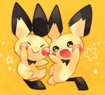  2020 ambiguous_gender baby_pok&eacute;mon black_body digital_media_(artwork) duo ears_up eyes_closed feral fur happy mammal nintendo open_mouth pattern_background pichu pok&eacute;mon pok&eacute;mon_(species) raised_arm rodent simple_background smile star video_games yellow_background yellow_body yellow_fur zoroa553 
