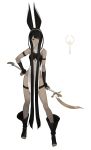  1girl absurdres animal_ears ankle_boots arm_strap bare_shoulders black_footwear black_hair boots breasts closed_mouth covered_navel dark_skin detached_sleeves full_body grey_eyes hairband hand_on_hip highres holding holding_scythe jackal_ears km_yama long_hair looking_at_viewer no_panties original pelvic_curtain scythe short_hair_with_long_locks sidelocks simple_background small_breasts solo standing toeless_boots very_long_hair white_background white_hairband 
