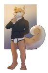  absurd_res anthro black_clothing black_hoodie black_topwear briefs bulge canid canine canis clothing dbyizhen domestic_dog drawyourfursona drinking hi_res hoodie hoodie/briefs_meme male mammal meme meme_clothing simple_background solo standing topwear underwear white_clothing white_underwear 