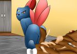  after_vore anthro bed blue_body bodily_fluids bone butt claws ear_size_difference feathers feces female foot_rub furniture gem genitals hi_res justwhite looking_back multi_tail nintendo paws pok&eacute;ball pok&eacute;mon pok&eacute;mon_(species) pooping pussy raised_tail red_eyes scat simple_background smile sneasel solo thick_thighs video_games vore 
