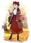  1girl alternate_costume alternate_hairstyle autumn autumn_leaves bag boots braid cellphone fate/grand_order fate_(series) handbag hat highres horns jewelry long_coat long_skirt phone ring shirabi shopping_bag skirt smartphone tomoe_gozen_(fate/grand_order) tree 