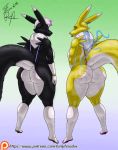  anthro big_butt butt butt_tattoo digimon digimon_(species) ear_piercing english_text female female/female furlyfe_redux hi_res huge_butt looking_at_viewer looking_back piercing renamon renya_lo&#039;siin simple_background smile smirk tattoo text thick_thighs 