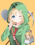  1girl bangs blonde_hair blue_eyes blush chibi chibi_inset commentary cosplay creeparka creeper creeper_(cosplay) deyui eyebrows_visible_through_hair grin hair_ornament highres hololive hololive_english hood hoodie long_sleeves looking_at_viewer minecart minecraft monocle_hair_ornament multiple_views necktie one_eye_closed open_mouth orange_background pickaxe red_neckwear short_hair shovel simple_background smile striped upper_body v virtual_youtuber watson_amelia 