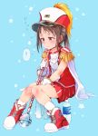  1girl bangs blue_background blush boots bottle brand_name_imitation brown_eyes brown_hair capelet closed_mouth commentary_request epaulettes full_body gloves gomennasai hat highres holding knees_together_feet_apart looking_away original pleated_skirt pocari_sweat red_footwear red_headwear red_shirt red_skirt shako_cap shirt sitting skirt sleeveless sleeveless_shirt socks solo sweat translated water_bottle wavy_mouth white_capelet white_gloves white_legwear 