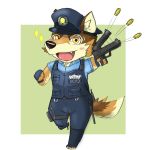  1:1 anthro barrel_(live-a-hero) blush canid canine canis chibi clothing fur gun hi_res hiroto_ue live-a-hero male mammal multicolored_body multicolored_fur police police_uniform ranged_weapon solo uniform weapon wolf 