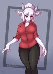  absurd_res anthro bovid caprine clothed clothing female fur goat goat_lucifer_(helltaker) helltaker hi_res horn looking_at_viewer lucifer_(helltaker) mammal orang111 red_eyes simple_background solo text url white_body white_fur yellow_sclera 
