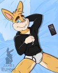  anthro bed black_clothing black_hoodie black_topwear briefs bulge clothing drawyourfursona furniture hoodie hoodie/briefs_meme jamesbunny lagomorph leporid lying male mammal meme meme_clothing on_bed rabbit simple_background solo topwear underwear white_clothing white_underwear 