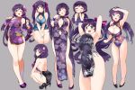  1girl ;d alternate_costume bangs bare_legs black_dress black_footwear blue_dress blush breasts china_dress chinese_clothes covered_navel dress floral_print green_eyes grey_background hair_ornament high_heels highres kurokawa_makoto large_breasts long_hair love_live! love_live!_school_idol_project low_twintails one_eye_closed open_mouth parted_bangs pink_scrunchie purple_dress purple_footwear purple_hair scrunchie shoes simple_background smile standing toujou_nozomi twintails 