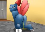  anthro bed blue_body bodily_fluids butt claws ear_size_difference feathers female foot_rub furniture gem genital_fluids genitals hi_res justwhite looking_back multi_tail nintendo paws peeing pok&eacute;mon pok&eacute;mon_(species) pussy raised_tail red_eyes simple_background smile sneasel solo thick_thighs urine urine_pool video_games watersports 
