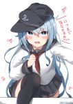  1girl absurdres anchor_symbol black_headwear black_legwear black_sailor_collar black_skirt blue_eyes blush dated dreamusun eyebrows_visible_through_hair flat_cap hair_between_eyes hat heart hibiki_(kantai_collection) highres kantai_collection long_hair long_sleeves neckerchief open_mouth pleated_skirt red_neckwear sailor_collar school_uniform serafuku signature silver_hair simple_background skirt solo thighhighs white_background 