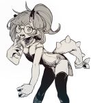  1girl belt_pouch bent_over blush broken_horn china_dress chinese_clothes ddari dress glasses hand_up highres horns looking_at_viewer open_mouth original ponytail pouch round_eyewear simple_background single_horn solo spiked_tail tail thighhighs tongue tongue_out white_background 