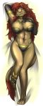  absurd_res anthro bikini breasts brown_body brown_fur claws clothed clothing collar dakimakura_design felid female fluffy fluffy_tail fur gem hair hi_res link2004 lion lying mammal one_eye_closed open_mouth pantherine panties partially_clothed red_body red_fur red_hair sekhmet_(link2004) simple_background solo swimwear teeth underwear white_background yellow_eyes 