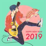  1boy 2019 black_hair black_pants chinese_zodiac circle covering_face dated earrings electric_guitar full_body guitar happy_new_year instrument jacket jewelry long_sleeves new_year original pants red_jacket shirt shoes signature solo takigraphic white_shirt year_of_the_pig 