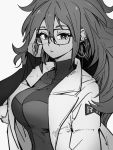  1girl android_21 breasts checkered checkered_dress dragon_ball dragon_ball_fighterz dress earrings glasses grey_background greyscale hair_between_eyes hand_up hoop_earrings jewelry kemachiku labcoat large_breasts long_hair long_sleeves looking_at_viewer monochrome red_ribbon_army simple_background solo 