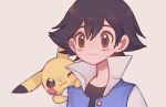  1boy :3 ash_ketchum bangs black_hair blue_vest blush blush_stickers brown_eyes clarevoir closed_mouth commentary english_commentary gen_1_pokemon happy high_collar light_blush male_focus nose_blush on_shoulder one_eye_closed open_clothes open_shirt pikachu pokemon pokemon_(anime) pokemon_(classic_anime) pokemon_(creature) pokemon_on_shoulder shiny shiny_hair shirt short_hair simple_background smile undershirt upper_body vest white_background white_shirt 
