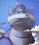  2018 aircraft airplane anthro black_collar brown_eyes clothed clothing cloud collar english_text female fur hair hands_behind_head hi_res kangaroo looking_at_viewer low-angle_view macro macroceli_(artist) macropod mammal marcie_roo marsupial partially_clothed pouch_(anatomy) purple_body purple_fur purple_hair solo text white_clothing 