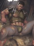  1boy abs bara bare_chest black_eyes black_hair bulge chest chris_redfield dirty facial_hair feet_out_of_frame injury jockstrap looking_at_viewer male_focus midriff_peek muscle navel navel_hair nipples pants resident_evil resident_evil_5 sample short_hair sitting solo spread_legs stubble thick_thighs thighs torn_clothes torn_pants underwear 