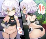  !? ... 1girl ass back bandaged_arm bandages bangs bare_shoulders black_legwear black_panties blush breasts censored closed_mouth covered_nipples crop_top facial_scar fate/apocrypha fate_(series) green_eyes highres jack_the_ripper_(fate/apocrypha) looking_at_viewer looking_back multiple_views navel novelty_censor panties penis scar scar_across_eye scar_on_cheek shimejinameko short_hair shoulder_tattoo slit_pupils small_breasts spoken_ellipsis spoken_interrobang tattoo thighhighs thighs underwear white_hair 