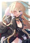 1girl azur_lane bismarck_(azur_lane) blonde_hair blue_eyes breasts cleavage cleavage_cutout cloak clothing_cutout eyebrows_visible_through_hair fur fur_collar fur_trim gloves large_breasts long_hair looking_at_viewer one_eye_closed open_mouth skirt solo tohko upper_body white_gloves 