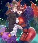  2girls alternate_costume bodystocking breasts brown_hair cleavage collar dress dual_persona feathers frilled_sleeves frills hair_over_eyes halloween handler_(monster_hunter_world) hat holding_hands horns jewelry lipstick looking_at_viewer makeup mini_hat mini_top_hat monster_hunter monster_hunter:_world multiple_girls pechan pointy_ears purple_lipstick red_lipstick ring shrug_(clothing) studded_collar top_hat 