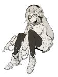  1girl ddari dual_wielding glasses greyscale gun headphones highres holding holding_gun holding_weapon inkling jacket long_sleeves looking_at_viewer monochrome open_clothes open_jacket parted_lips shoes simple_background sitting solo splatoon_(series) suction_cups tentacle_hair thighhighs weapon white_background 