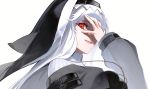  1girl :d arknights hand_over_eye hand_up hoojiro jewelry long_hair long_sleeves looking_at_viewer necklace nun one_eye_covered open_mouth red_eyes simple_background smile solo specter_(arknights) upper_body veil white_background white_hair 