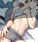  1boy amuro_ray blue_eyes boxer_briefs brown_hair clothes_lift groin gundam highres lifted_by_self lying male_underwear military military_uniform mobile_suit_gundam navel oliolio short_hair solo tears underwear uniform 