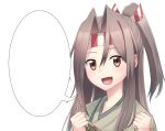  1girl brown_eyes clenched_hand commentary_request grey_hair hachimaki headband high_ponytail highres japanese_clothes kantai_collection long_hair muneate saga_(saga_kancolle) simple_background smile solo speech_bubble template upper_body white_background zuihou_(kantai_collection) 