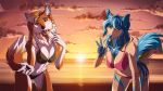  16:9 2018 5_fingers anthro bikini blue_hair breasts canid canine clothed clothing day detailed_background duo eyebrows eyelashes female fingers fox hair hi_res lynjox lynxyjones mammal outside sky smile swimwear widescreen yellow_eyes 