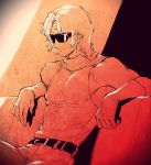  1boy bare_shoulders belt char_aznable gloves gundam highres oliolio quattro_vageena short_hair sitting smile solo sunglasses sweater turtleneck turtleneck_sweater zeta_gundam 