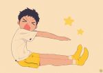  1boy black_hair closed_eyes exercise gym_shorts male_focus noeyebrow_(mauve) open_mouth original short_hair shorts simple_background sit-up solo star_(symbol) stretch sweat yellow_legwear yellow_shorts 