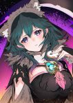  1girl animal_ears blue_eyes blue_hair blush breasts bridal_gauntlets byleth_(fire_emblem) byleth_(fire_emblem)_(female) commentary_request cookie eyebrows_visible_through_hair fake_animal_ears fire_emblem fire_emblem:_three_houses fire_emblem_heroes food gem hair_between_eyes halloween highres holding holding_cookie holding_food large_breasts long_hair looking_at_viewer nakabayashi_zun parted_lips solo teeth wolf_ears 