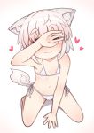  1girl absurdres animal_ear_fluff animal_ears arm_up bangs bare_arms bare_legs bare_shoulders barefoot bikini blush closed_mouth collarbone covering_eyes eyebrows_visible_through_hair heart heavy_breathing highres inubashiri_momiji kibisake kneeling looking_at_viewer micro_bikini navel nose_blush red_eyes ribs shadow side-tie_bikini silver_hair smile solo sweat swimsuit tail thick_eyebrows touhou white_background white_bikini wolf_ears wolf_girl wolf_tail 