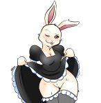  2020 absurd_res anthro beastars black_clothing black_dress blep blush breasts brown_eyes cleavage clothed clothing clothing_lift domestic_rabbit dress dress_lift female flashing fur genitals haru_(beastars) hi_res lagomorph legwear leporid looking_at_viewer maid_uniform mammal no_underwear one_eye_closed oryctolagus portrait presenting presenting_pussy pussy rabbit simple_background solo stockings thigh_highs three-quarter_portrait tongue tongue_out uniform white_background white_body white_fur wink xpasteque 