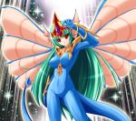  1girl ancient_fairy_dragon arm_up blue_bodysuit bodysuit bunji collarbone commentary_request covered_nipples dragon_girl dragon_tail duel_monster gem green_hair head_fins impossible_bodysuit impossible_clothes insect_wings long_hair personification red_eyes solo tail very_long_hair wings yu-gi-oh! 