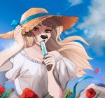  2019 anthro anyu_(vetkar) black_nose clothed clothing dessert dress female food fur hair hat headgear headwear hi_res ice_cream iirych looking_at_viewer mammal polar_bear poppy_(flower) popsicle ribbons solo straw_hat sun_hat ursid ursine vetkar white_body white_fur 