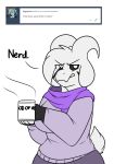 angry anthro asriel_dreemurr asriel_dreemurr_(god_form) big_breasts boss_monster bovid breasts caprine clothed clothing crossgender cup fangs female floppy_ears goat hair hair_over_eye horn mammal markings mtf_crossgender one_eye_obstructed robertge scarf solo text tumblr undertale video_games 