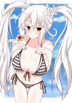  :o bangs bare_shoulders bikini breasts cleavage eyebrows_visible_through_hair flower hair_flower hair_ornament highres kamikagami_kagami large_breasts leaning_forward long_hair looking_at_viewer open_mouth red_eyes shibuya_(sousei6756) swimsuit venus_eleven_vivid! very_long_hair white_eyelashes white_hair 
